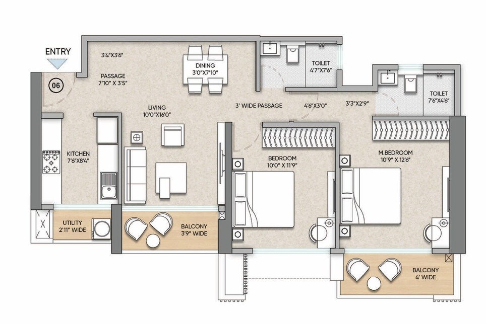 2 BHK Grande Floor Plan